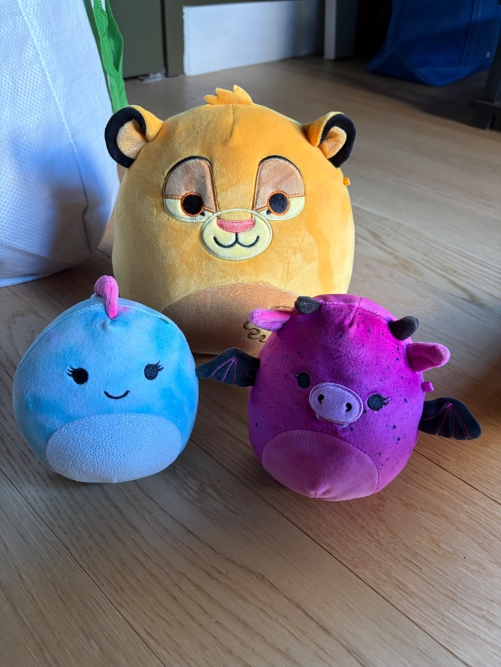 Set of 3 Squishmallows - Simba, dragon fruit bat, blue dino